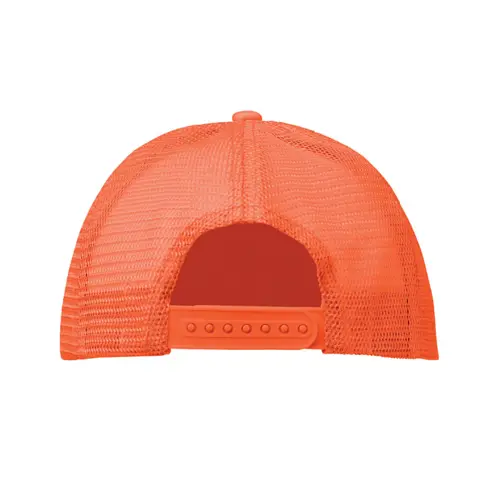 Cappellino trucker con visiera in poliestere a 5 pannelli con retinatura e chiusura regolabile in plastica